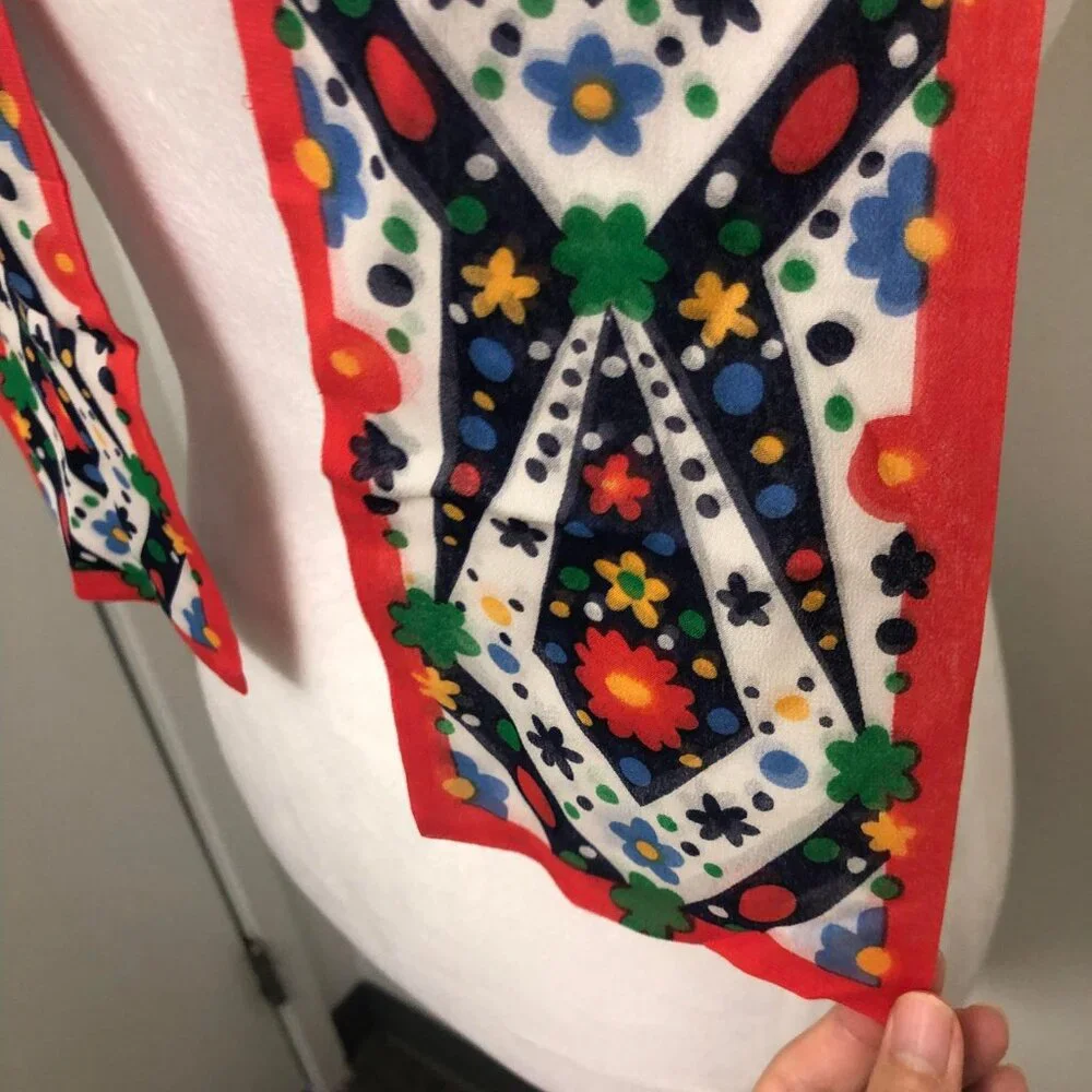 Vintage 1960s 1970s Cottagecore Folk Art Scarf